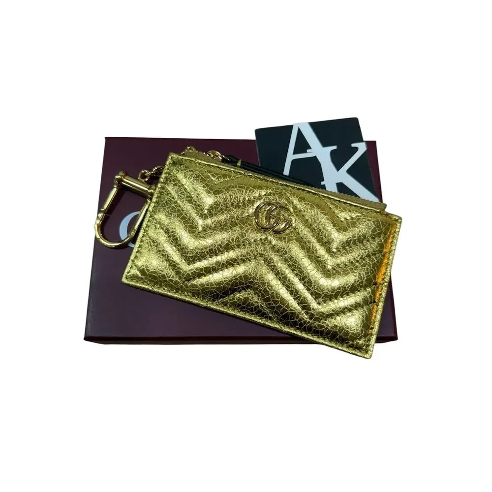Gucci GG Marmont Key Case Gold Metallic Crinkle Leather Double G NIB